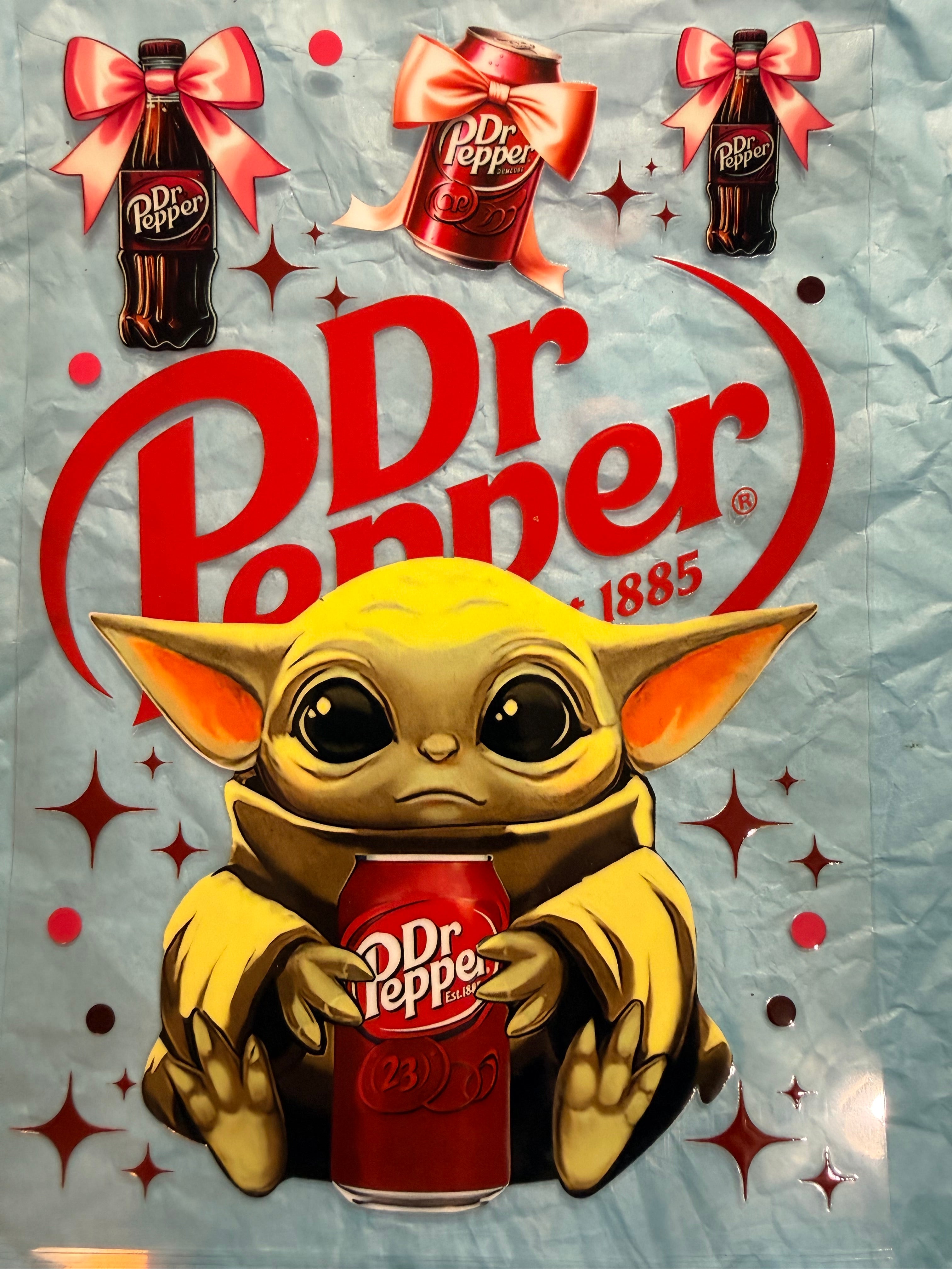 Cartoon Disney baby Yoda Dr Pepper